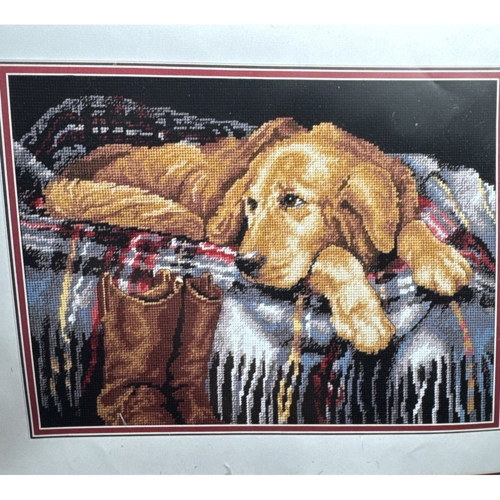 Dimensions Needlepoint Kit Golden Retriever Dog Cowboy Boots Plaid Blanket Vtg